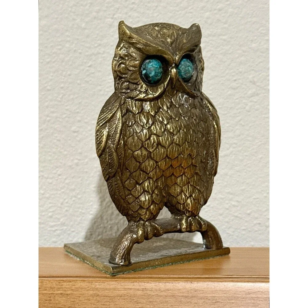 Vintage Owl Bookend Handmade Brass Bluish Green Eyes